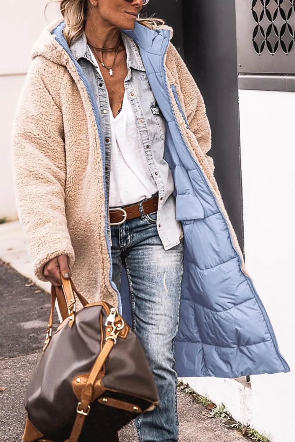 Long Puffer Coat Women Reversible Fleece Jacket Winter Hooded Down Coat Oversized Shearling Fleece Long Coats Jackets