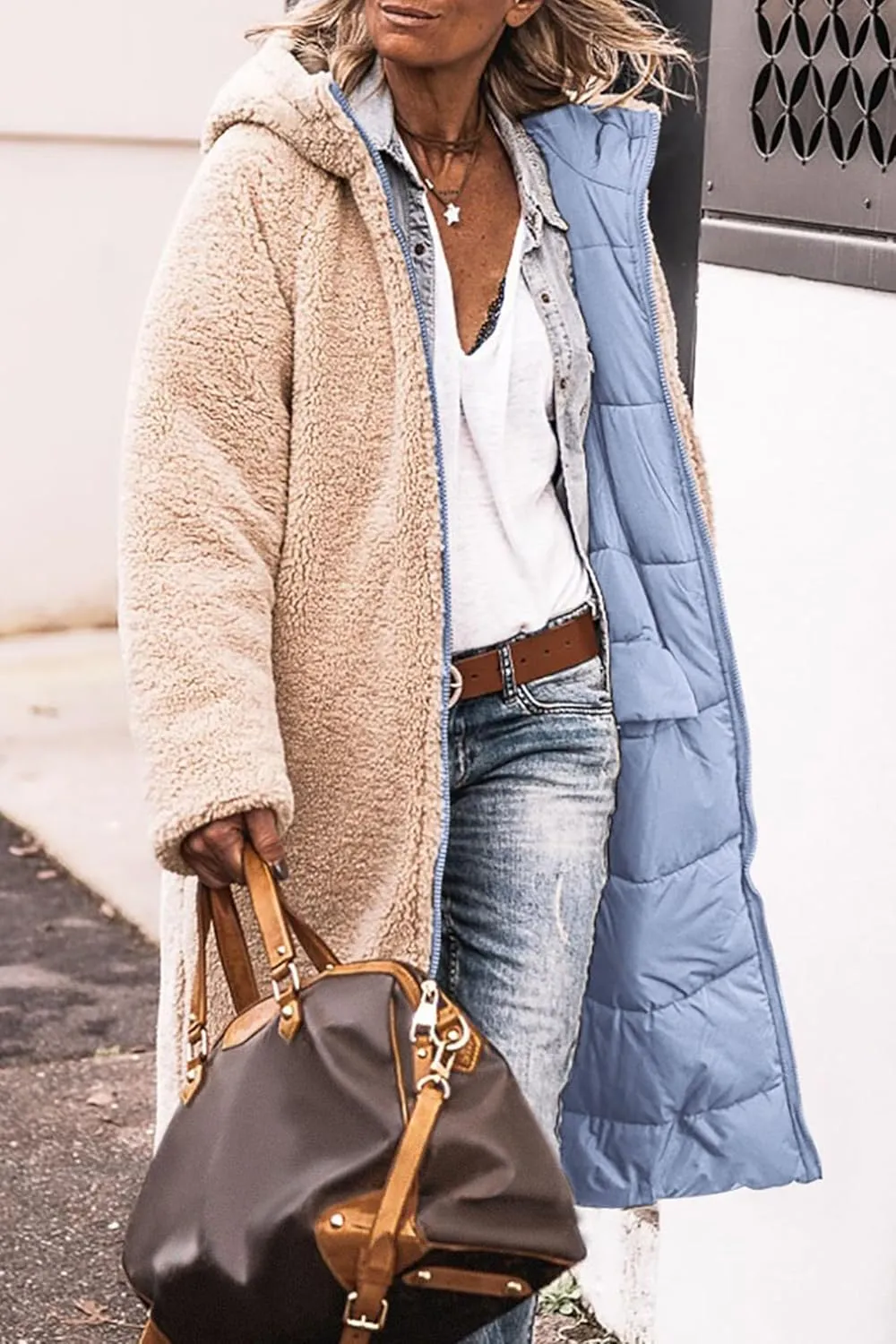 Long Puffer Coat Women Reversible Fleece Jacket Winter Hooded Down Coat Oversized Shearling Fleece Long Coats Jackets