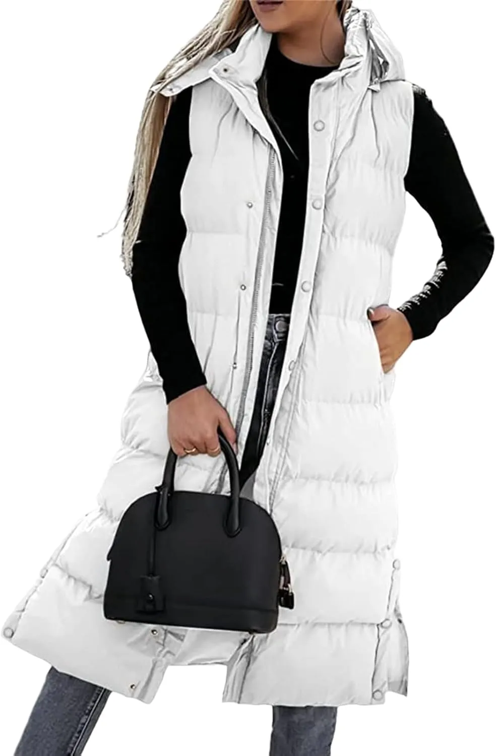 Long Puffer Vest Women Quilted Hooded Sleeveless Zip Up Down Jacket Button Down Vests Outerwear Padded Jacket Coat