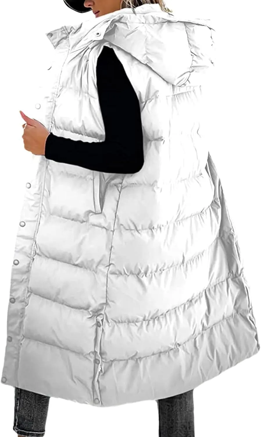 Long Puffer Vest Women Quilted Hooded Sleeveless Zip Up Down Jacket Button Down Vests Outerwear Padded Jacket Coat