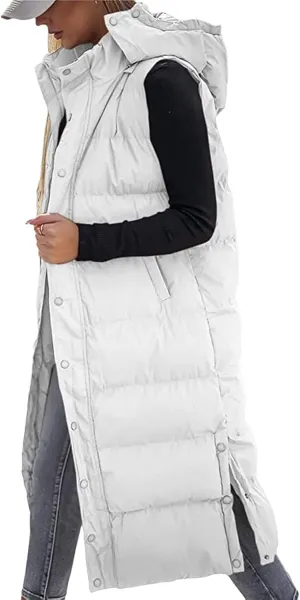 Long Puffer Vest Women Quilted Hooded Sleeveless Zip Up Down Jacket Button Down Vests Outerwear Padded Jacket Coat
