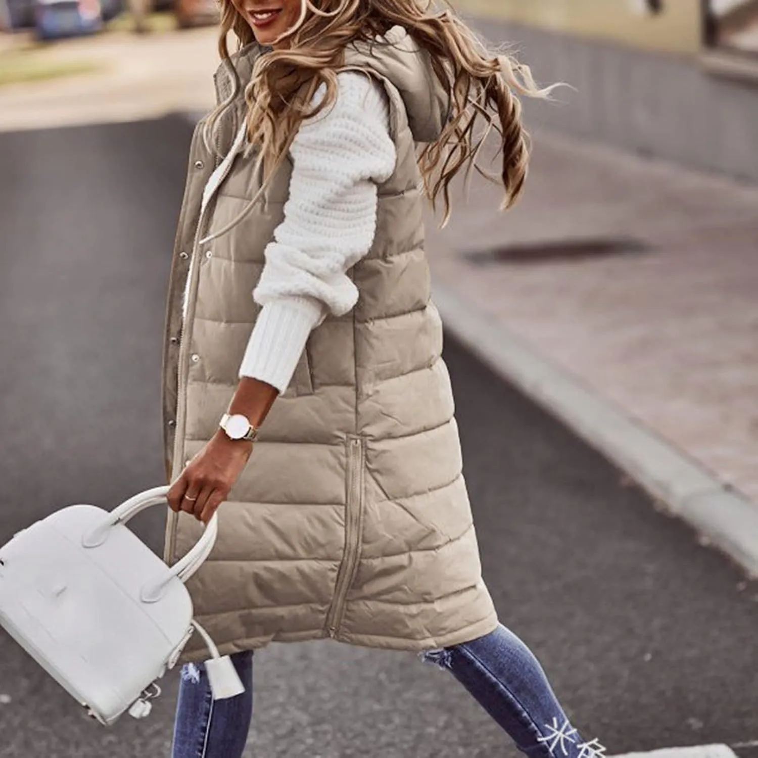 Long Puffer Vest Women Vest With Hood Sleeveless Warm Down Coat With Pockets Quilted Vest Down Plus Size Winter Long