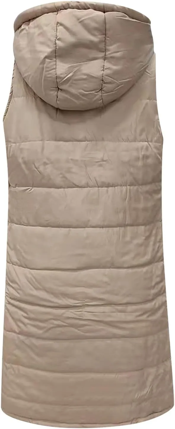 Long Puffer Vest Women Vest With Hood Sleeveless Warm Down Coat With Pockets Quilted Vest Down Plus Size Winter Long