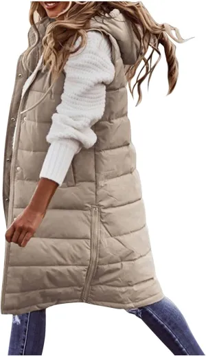 Long Puffer Vest Women Vest With Hood Sleeveless Warm Down Coat With Pockets Quilted Vest Down Plus Size Winter Long