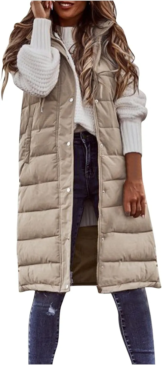 Long Puffer Vest Women Vest With Hood Sleeveless Warm Down Coat With Pockets Quilted Vest Down Plus Size Winter Long