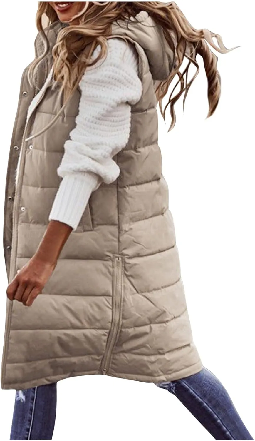 Long Puffer Vest Women Vest With Hood Sleeveless Warm Down Coat With Pockets Quilted Vest Down Plus Size Winter Long
