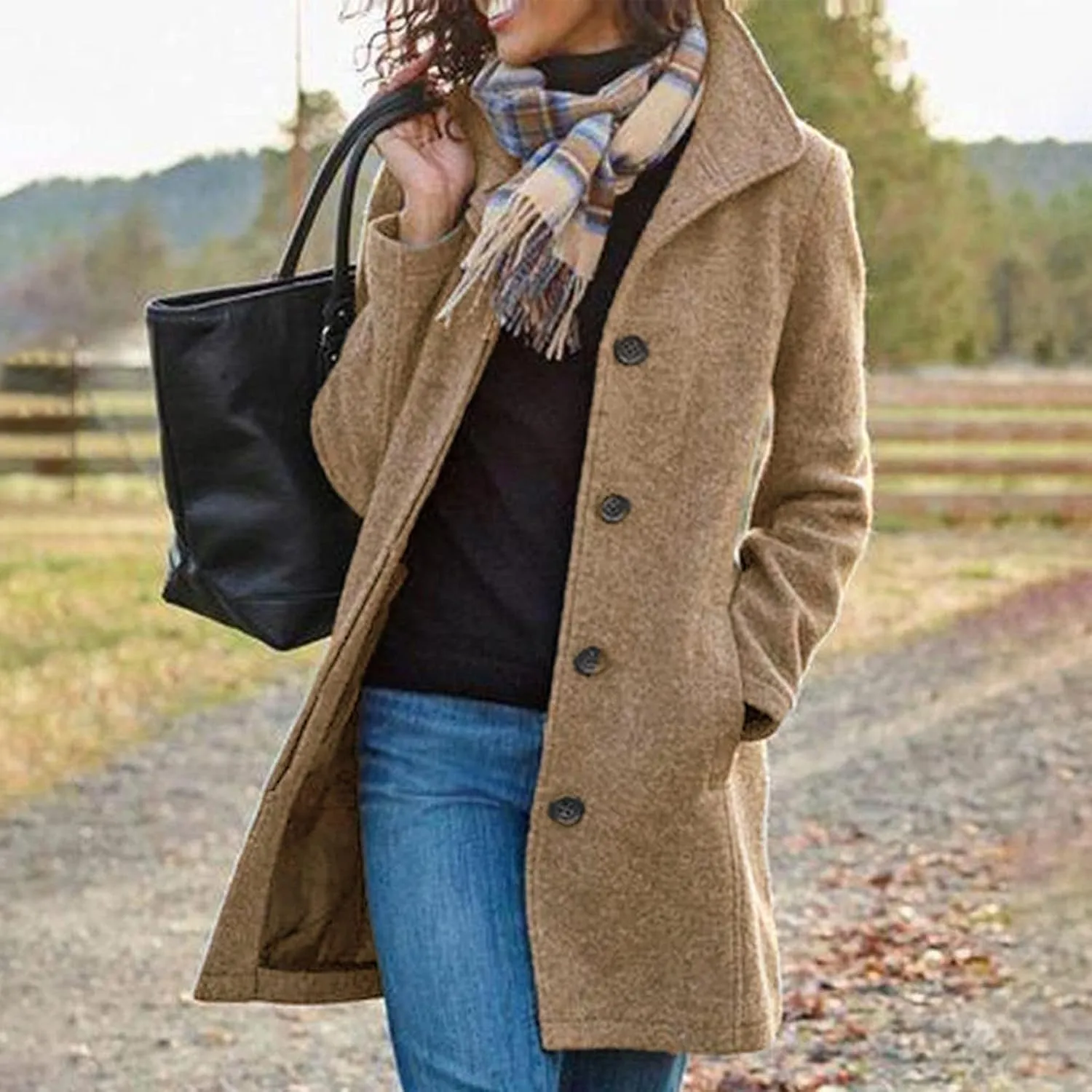 Long Trench Coats for Women Winter Jackets with Pocket Wool Blend Pea Coat Single Breasted Coats