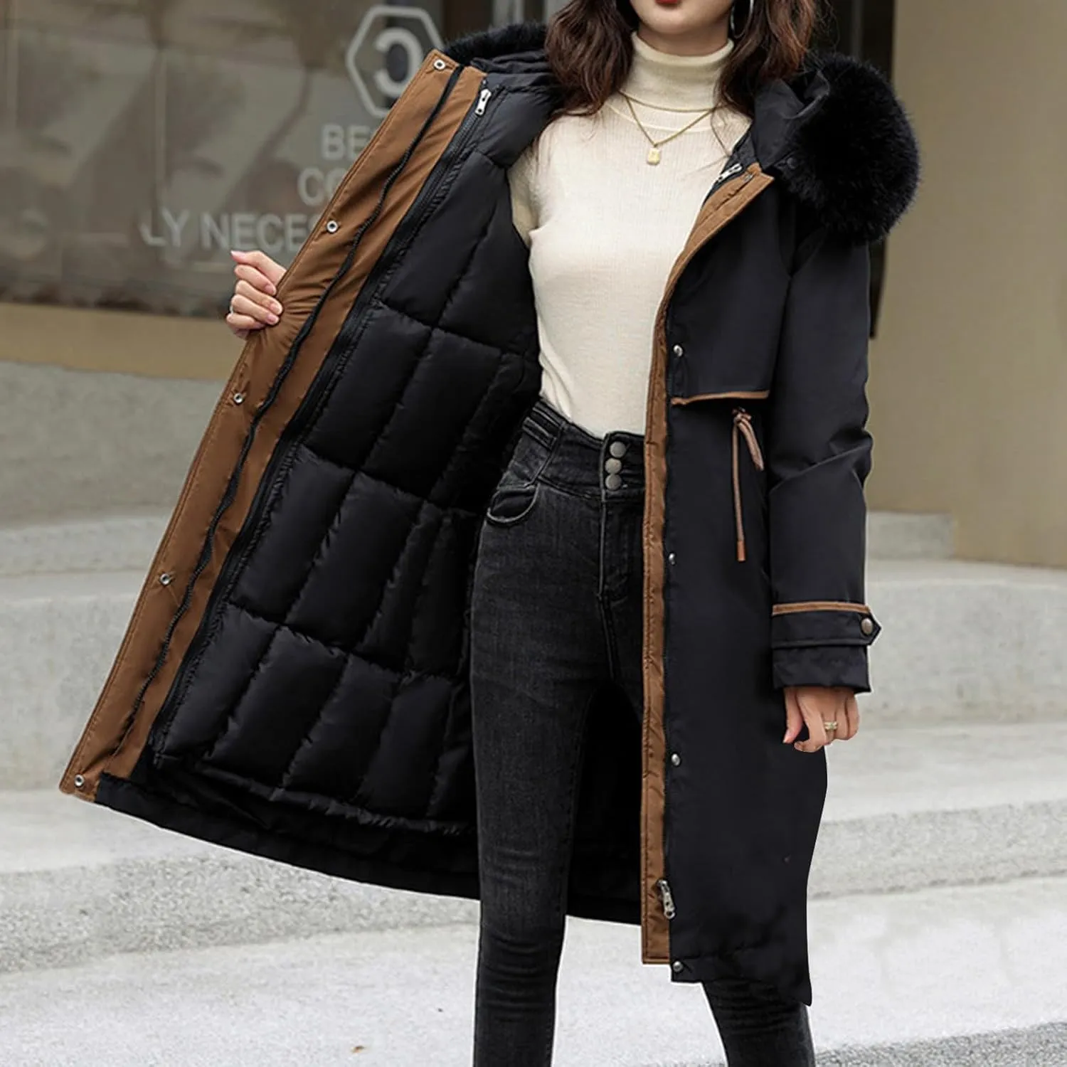 Long Winter Coats for Women Maxi Down Parka Warm Puffer Jacket Faux Fur Hood Cold-Resistant Thicken Overcoat