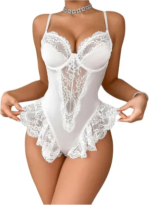 MakeMeChic Women's Floral Lace Backless Underwire Cut Out Lingerie Bodysuit Teddies