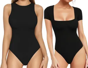 MANGOPOP Tank Top Body Suits Women Sexy Crew Neck Racerback Halter Ribbed Sleeveless Bodysuit for Women   Square Neck Bodysuit Short Sleeve Shirt Tops Black S