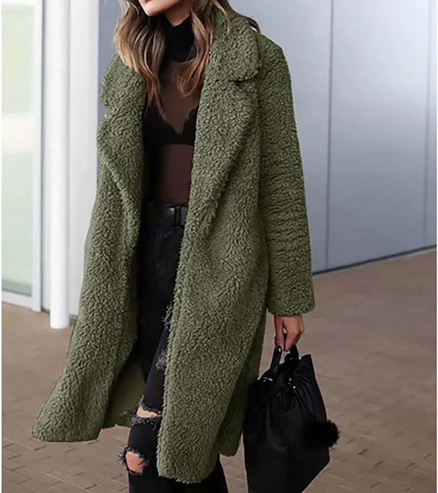 Mayntop Women Furry Mid-Length Coat Jacket Oversized Notch Lapel Plus Size Solid Color Fleece Plain Cardigan Sherpa Outerwear
