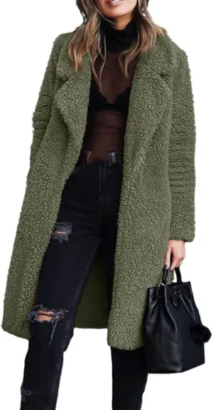 Mayntop Women Furry Mid-Length Coat Jacket Oversized Notch Lapel Plus Size Solid Color Fleece Plain Cardigan Sherpa Outerwear