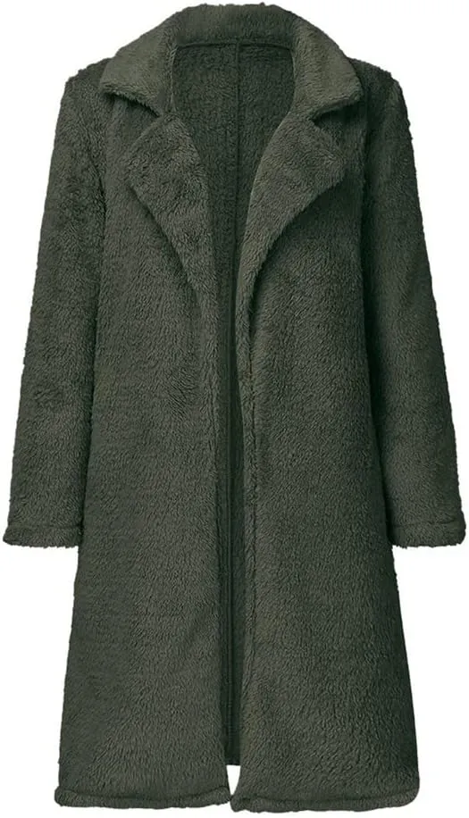 Mayntop Women Furry Mid-Length Coat Jacket Oversized Notch Lapel Plus Size Solid Color Fleece Plain Cardigan Sherpa Outerwear