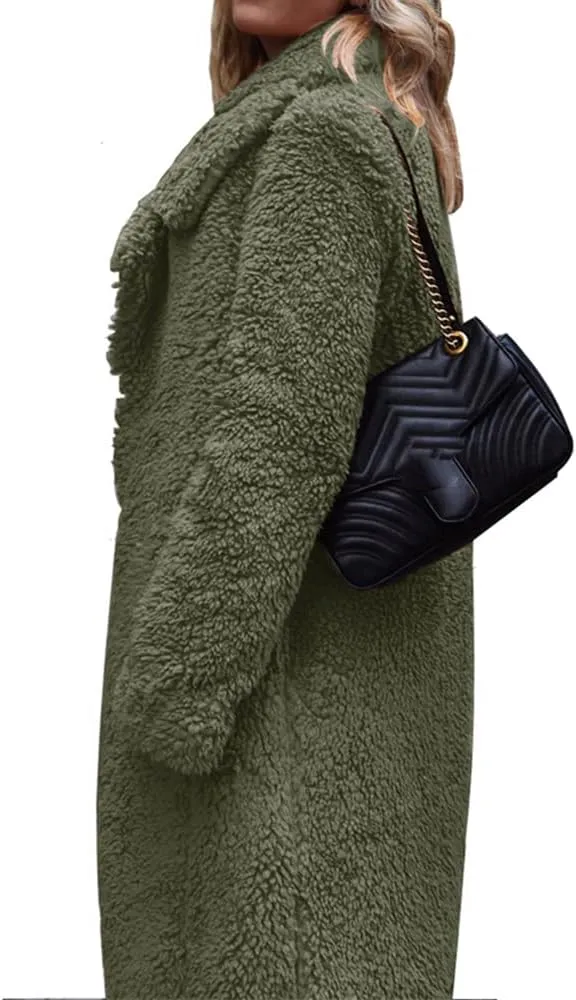 Mayntop Women Furry Mid-Length Coat Jacket Oversized Notch Lapel Plus Size Solid Color Fleece Plain Cardigan Sherpa Outerwear