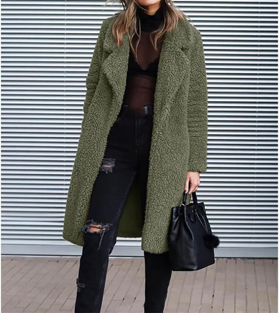 Mayntop Women Furry Mid-Length Coat Jacket Oversized Notch Lapel Plus Size Solid Color Fleece Plain Cardigan Sherpa Outerwear