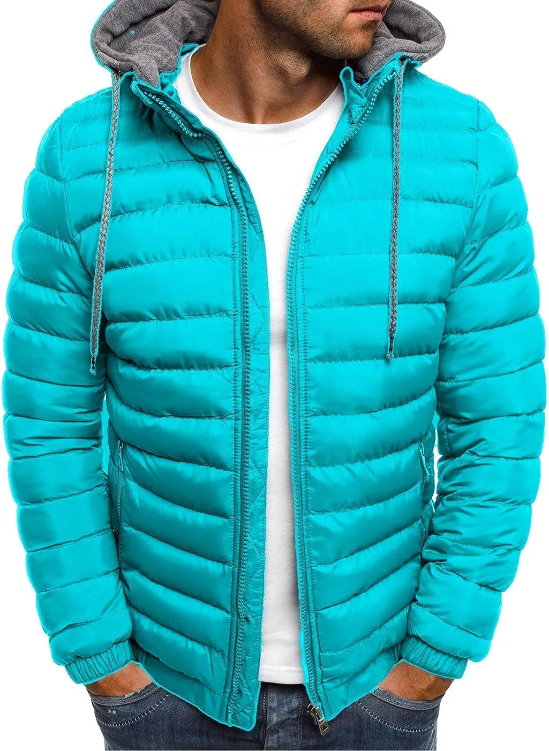 Men Puffer Hooded Jackets Winter Coats Zip Up Jacket Quilted Padded Overcoat Warm Down Outwear Drawstring Pocket Coat