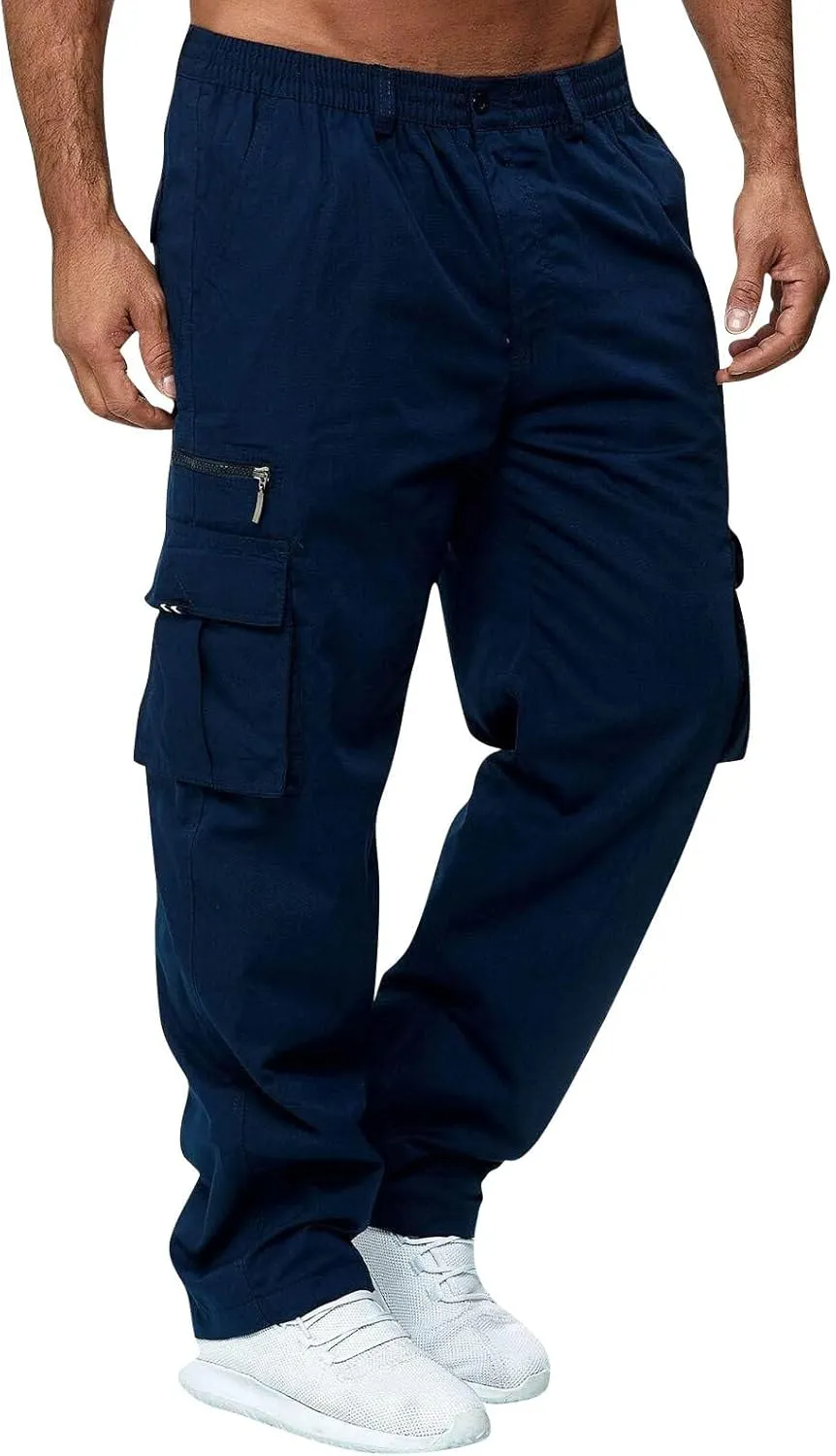 Men's Cargo Pants Relaxed Fit Elastic Waist Pants Straight Leg Chinos Pants High Waisted Track Pants with Pockets