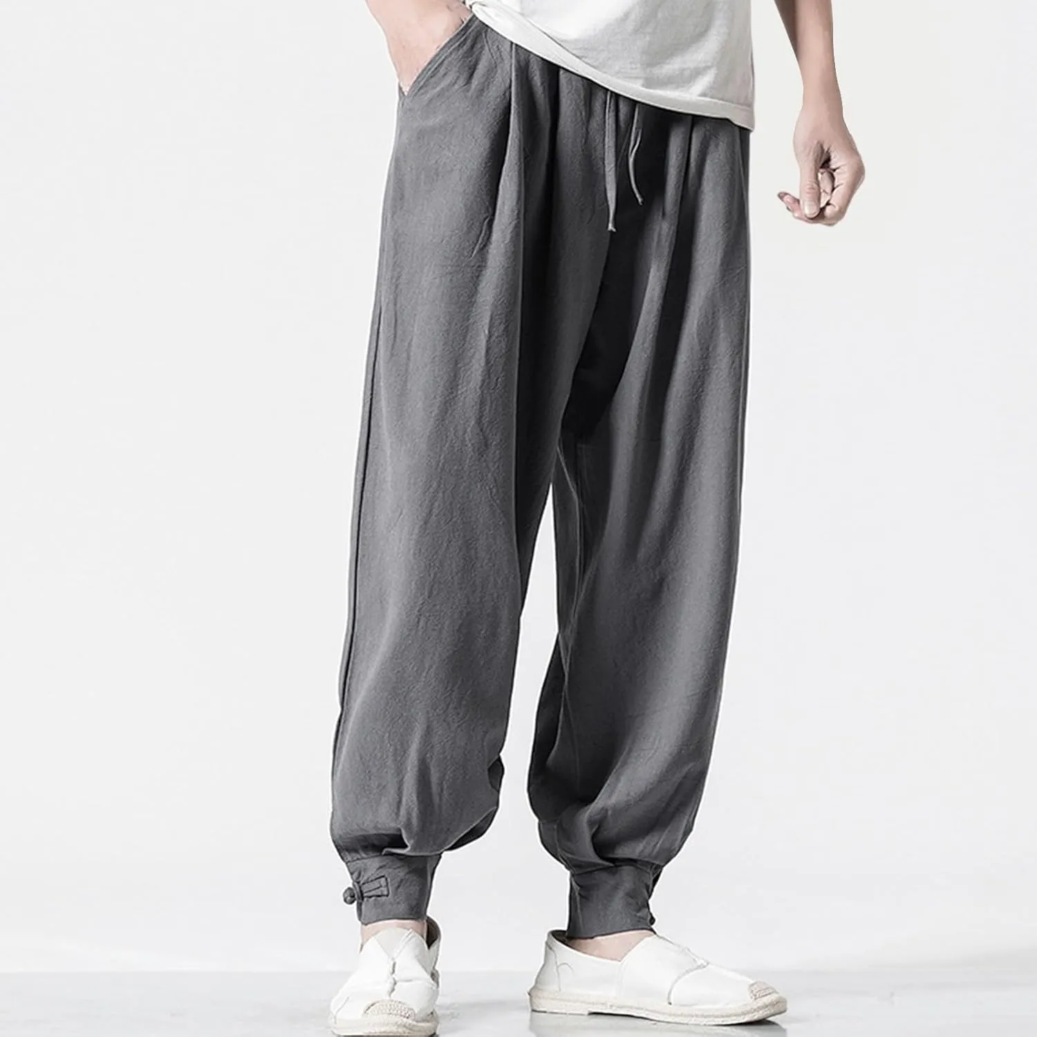 Mens Casual Pants Linen Pants Drawstring Beach Trousers Relaxed-Fit Yoga Pants Soft Elastic Waist Pants
