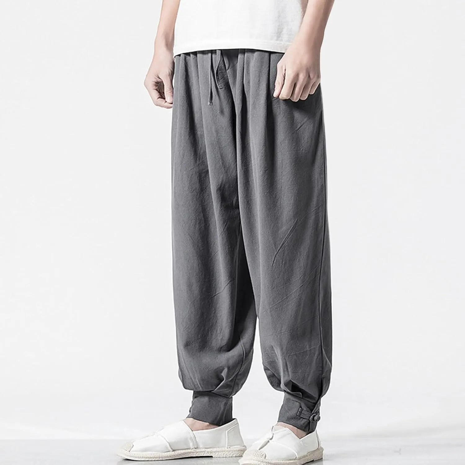 Mens Casual Pants Linen Pants Drawstring Beach Trousers Relaxed-Fit Yoga Pants Soft Elastic Waist Pants