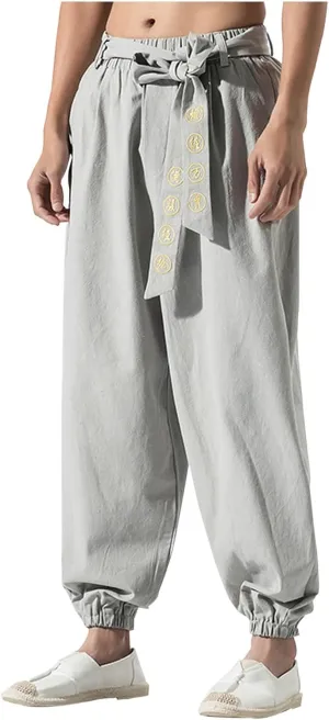 Men's Casual Pants Linen Pants Summer Beach Trousers Drawstring Yoga Pants Loose Fit Elastic Waist Pants