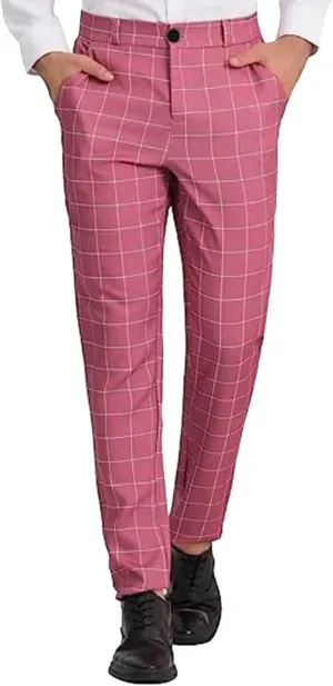 Mens Chinos Slim Fit Stretch Flat-Front Skinny Plaid Dress Pants Business Work Suit Tapered Pants Casual Golf Pants Trousers
