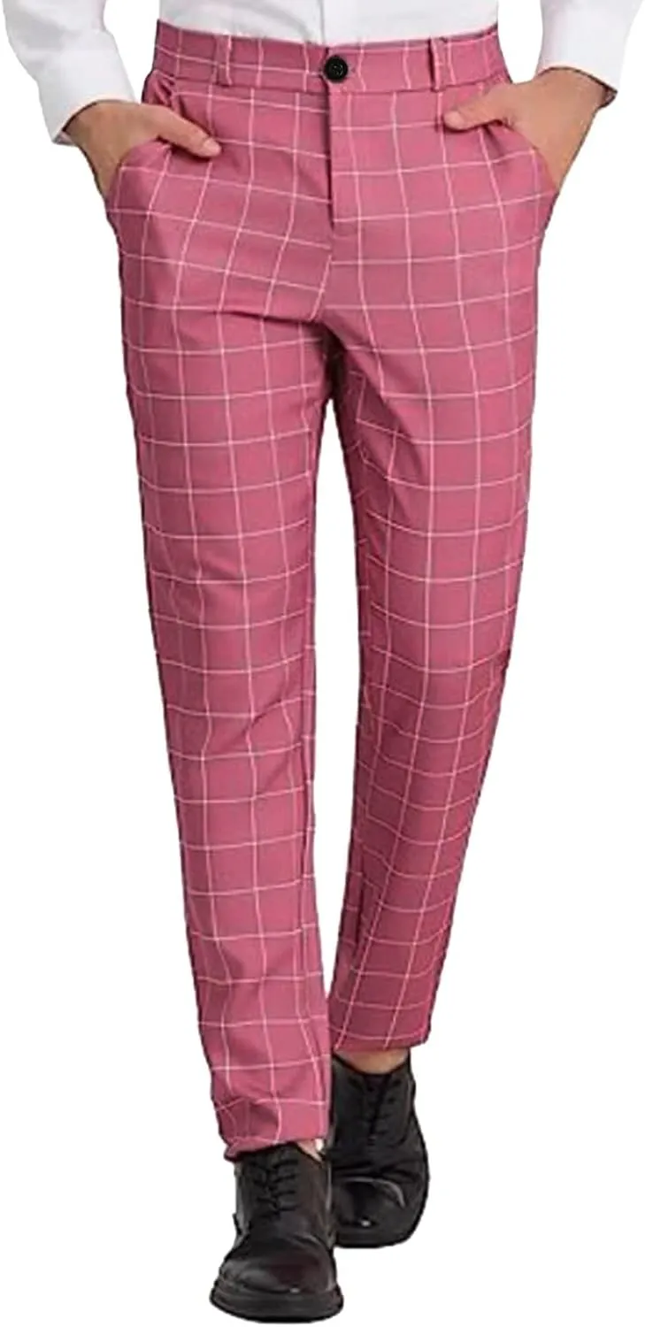Mens Chinos Slim Fit Stretch Flat-Front Skinny Plaid Dress Pants Business Work Suit Tapered Pants Casual Golf Pants Trousers