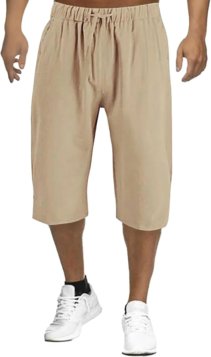 Mens Cotton Linen Pants, Elastic Drawstring Waist Lightweight Casual Beach Capri Short Pant Cropped Trousers with Pocket