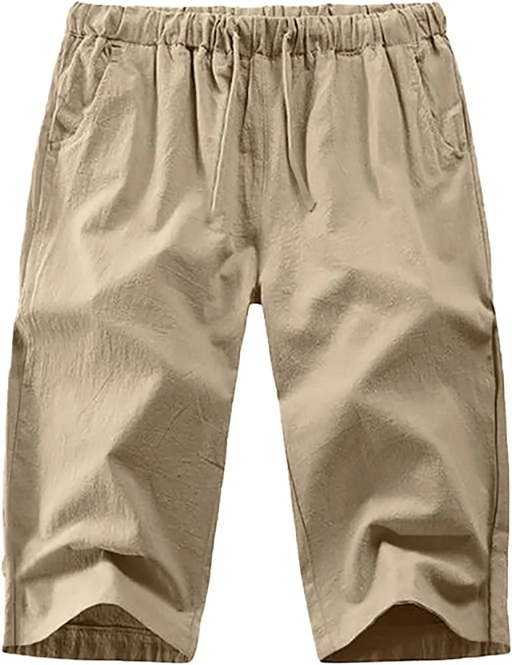 Mens Cotton Linen Pants, Elastic Drawstring Waist Lightweight Casual Beach Capri Short Pant Cropped Trousers with Pocket