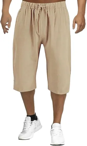 Mens Cotton Linen Pants, Elastic Drawstring Waist Lightweight Casual Beach Capri Short Pant Cropped Trousers with Pocket