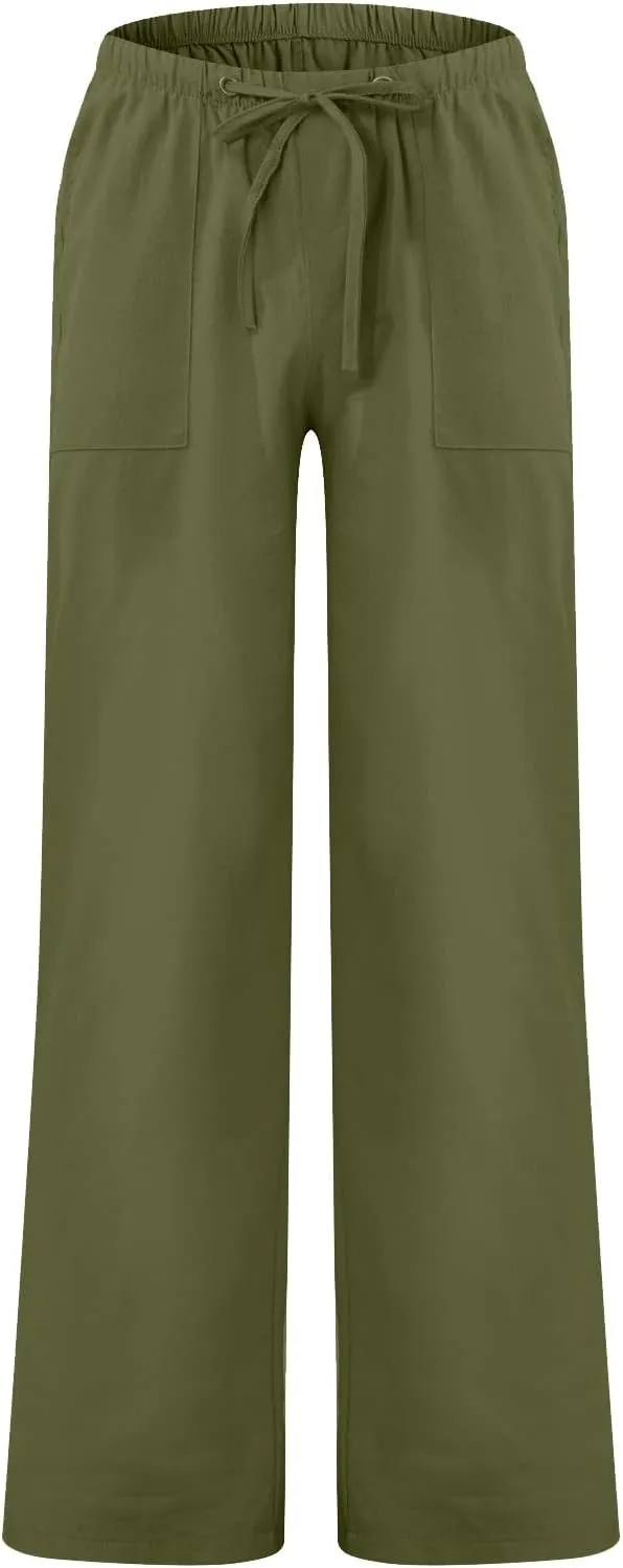 Men's Cotton Linen Pants Elastic Waist Drawstring Pants Lightweight Casual Pants Summer Beach Pants with Pockets