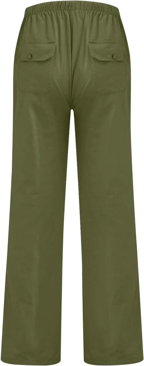 Men's Cotton Linen Pants Elastic Waist Drawstring Pants Lightweight Casual Pants Summer Beach Pants with Pockets