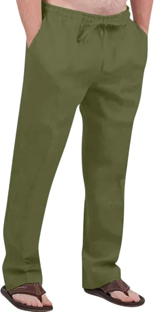 Men's Cotton Linen Pants Elastic Waist Drawstring Pants Lightweight Casual Pants Summer Beach Pants with Pockets