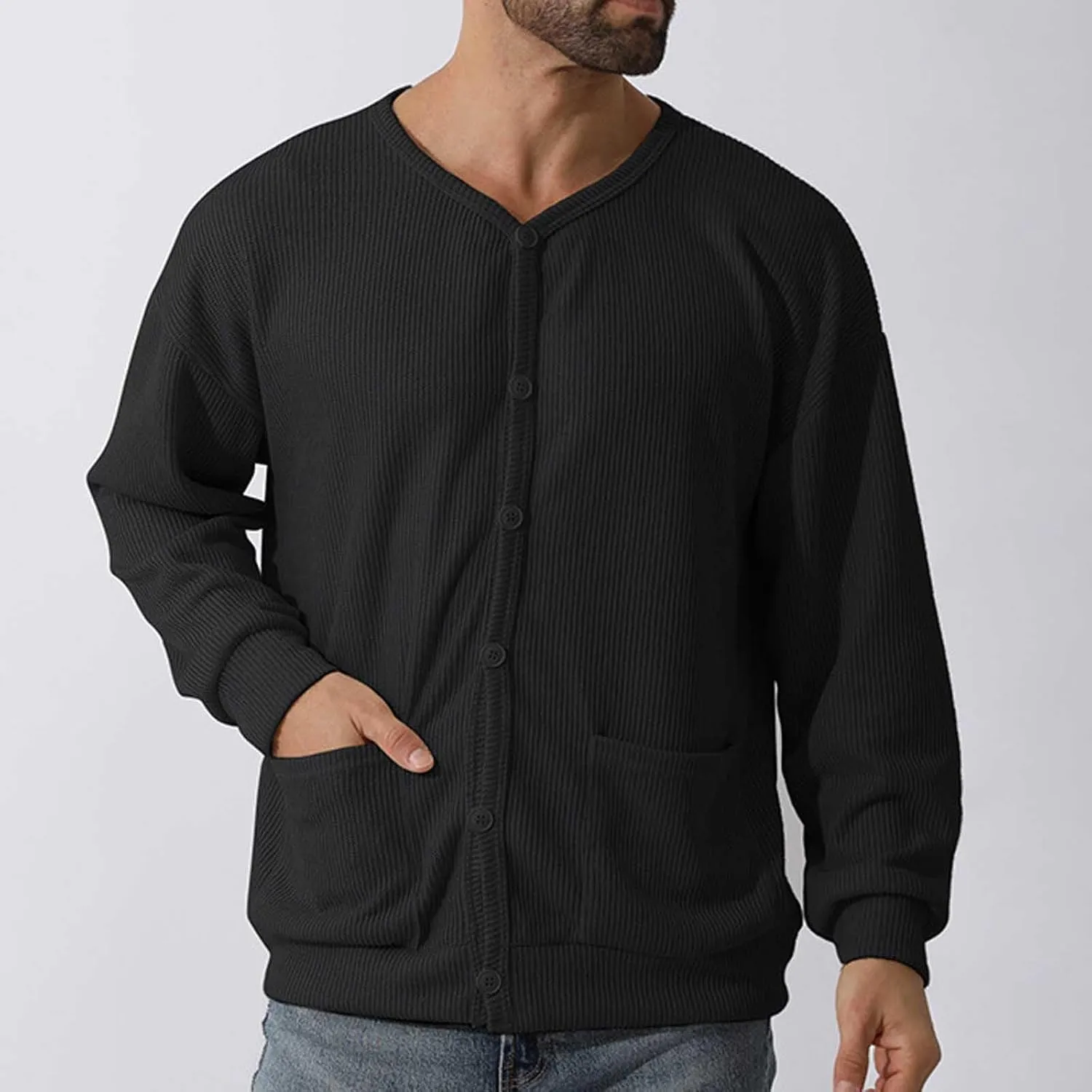 Men's Cotton Shawl-Collar Cardigan Sweater Long Sleeve Crewneck Button Down Outerwear Sweater Coat with Pockets