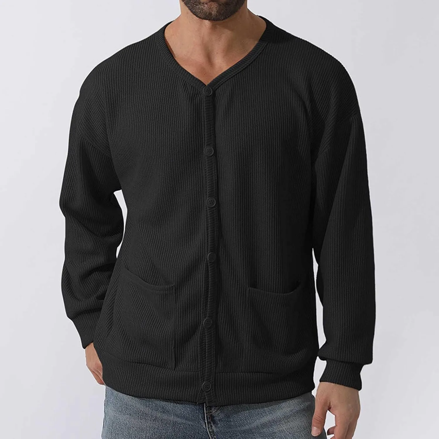 Men's Cotton Shawl-Collar Cardigan Sweater Long Sleeve Crewneck Button Down Outerwear Sweater Coat with Pockets