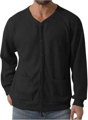 Men's Cotton Shawl-Collar Cardigan Sweater Long Sleeve Crewneck Button Down Outerwear Sweater Coat with Pockets