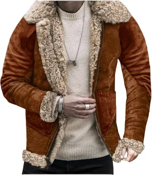 Men's Faux Lamb Wool Bomber Coat Men Faux Leather Sherpa Fleece Lined Jackets Heavyweight Suede Faux Fur Trench-Coat