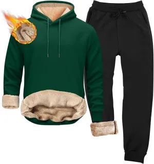 Mens Fleece Sherpa Lined Tracksuit 2 Piece Warm Hoodie Sweatshirts Sweatpants Suit Set Casual Trendy Winter Pullover