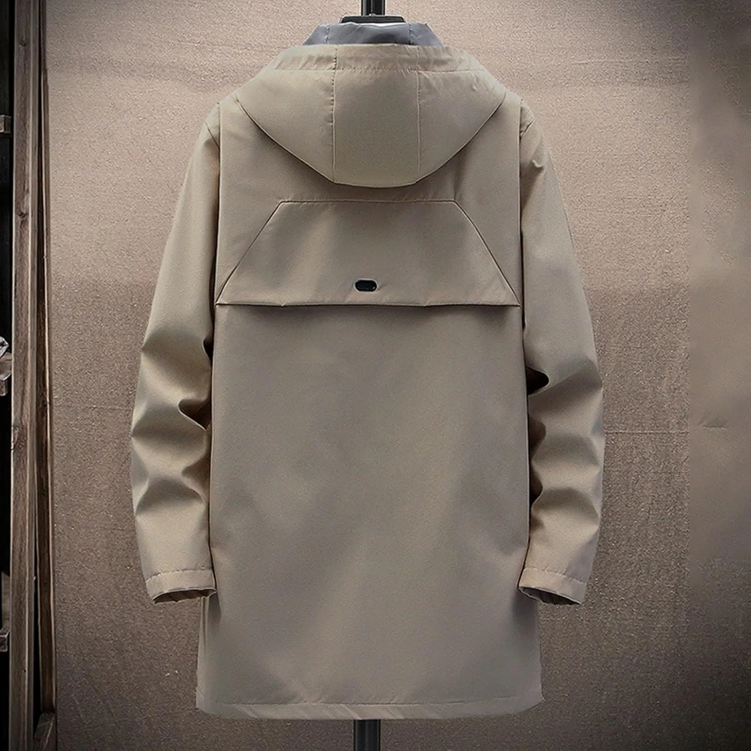 Men's Outerwear Slim Fitting Mid Length Zippered Men's Jacket Hooded Trench Coat Anorak Lightweight