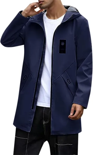 Men's Outerwear Slim Fitting Mid Length Zippered Men's Jacket Hooded Trench Coat Anorak Lightweight
