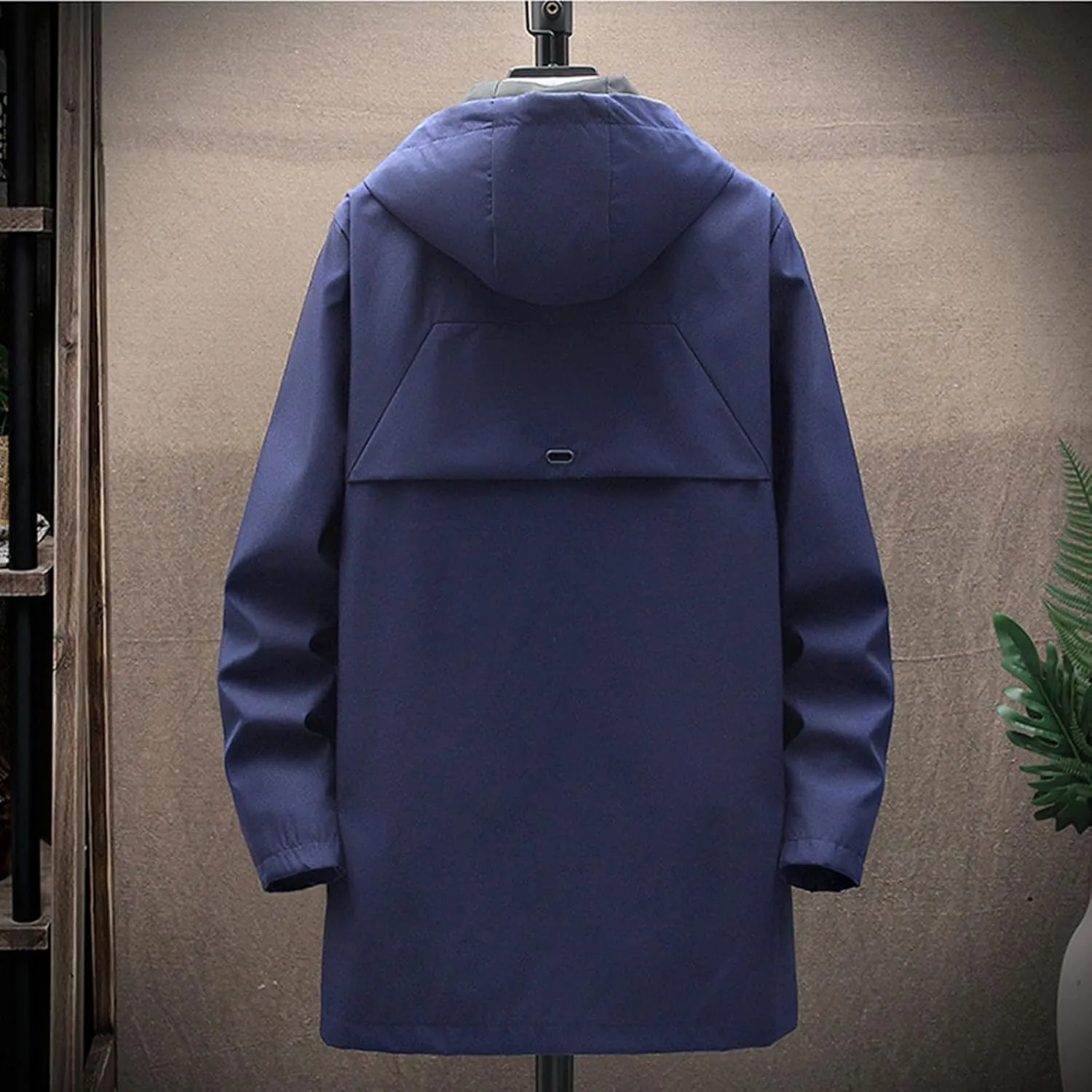 Men's Outerwear Slim Fitting Mid Length Zippered Men's Jacket Hooded Trench Coat Anorak Lightweight