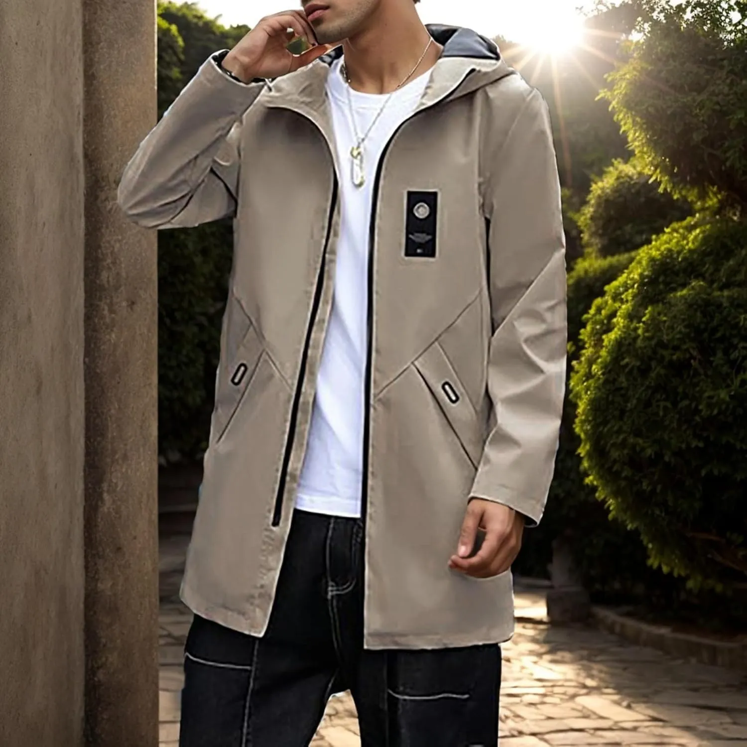 Men's Outerwear Slim Fitting Mid Length Zippered Men's Jacket Hooded Trench Coat Anorak Lightweight