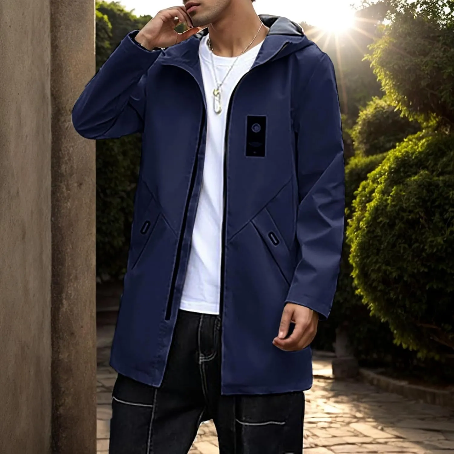 Men's Outerwear Slim Fitting Mid Length Zippered Men's Jacket Hooded Trench Coat Anorak Lightweight