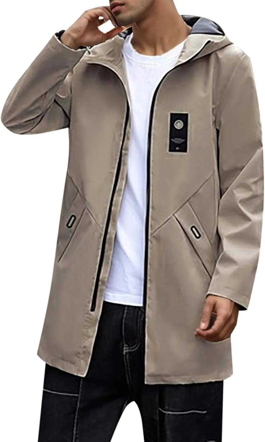Men's Outerwear Slim Fitting Mid Length Zippered Men's Jacket Hooded Trench Coat Anorak Lightweight