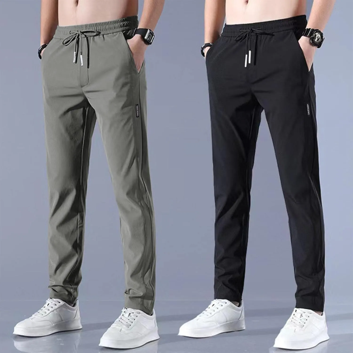 Mens Pants, Quick Drying Stretch Pants, Mens Thin Straight Fit Pants, Elastic Waist Breathable Sports Pants