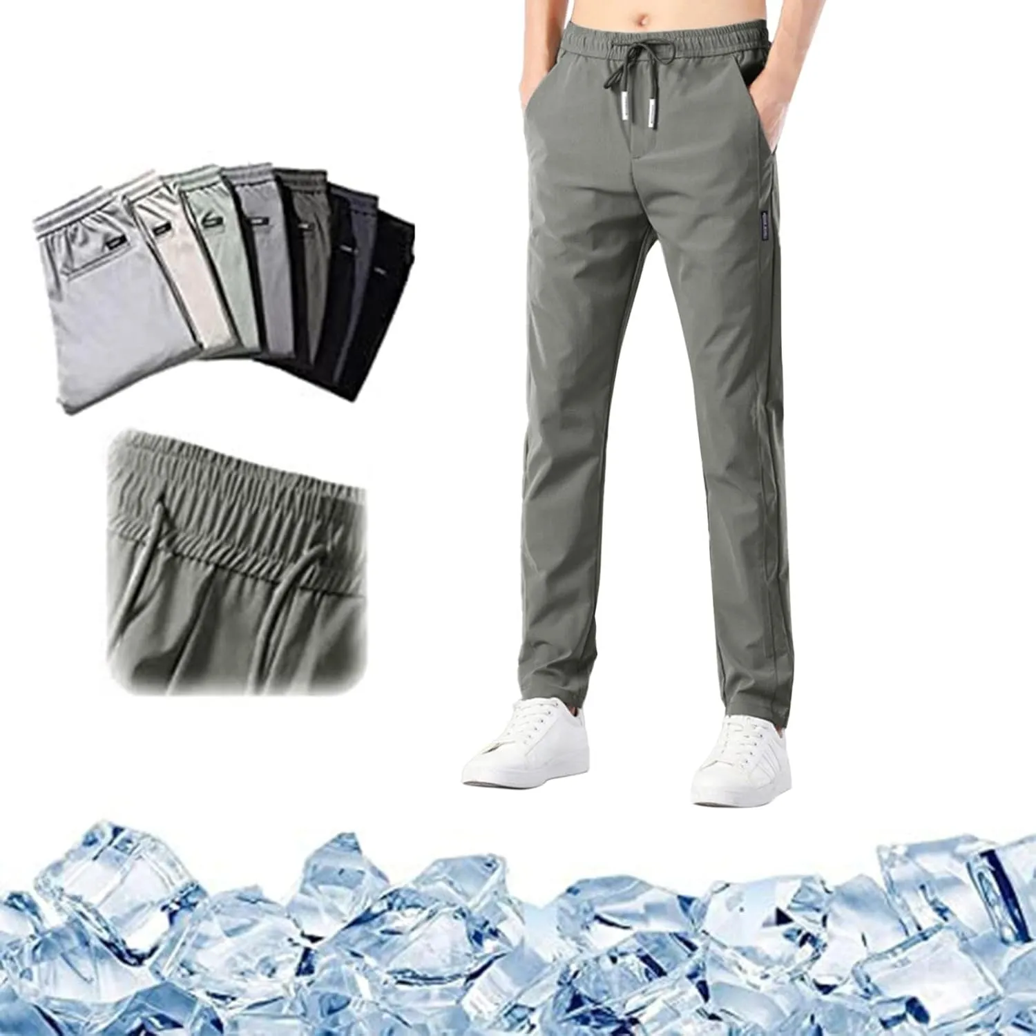 Mens Pants, Quick Drying Stretch Pants, Mens Thin Straight Fit Pants, Elastic Waist Breathable Sports Pants
