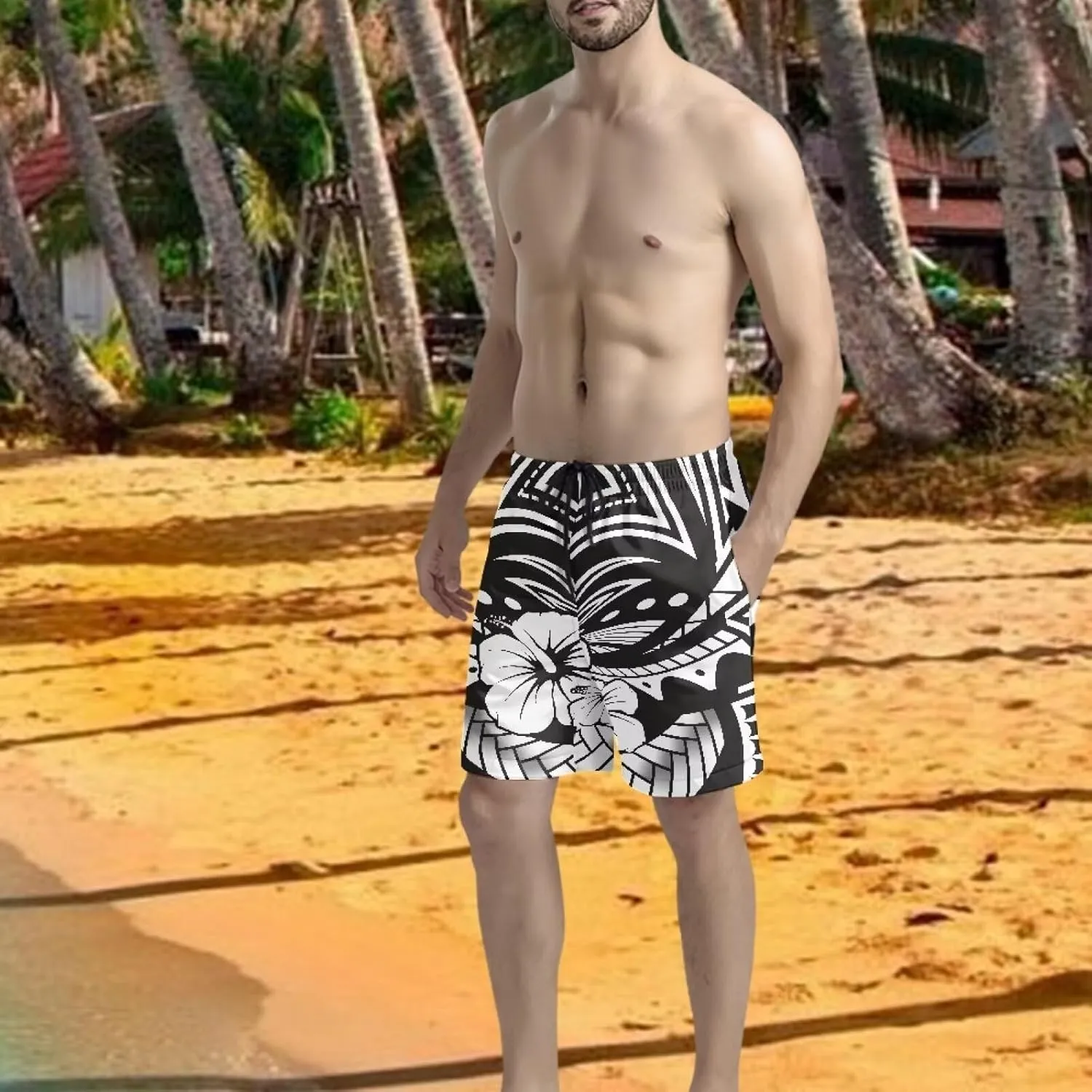 Mens Samoa Hawaii Swim Trunks Quick Dry Polynesian Tribal Tatau Swim Shorts with Mesh Lining