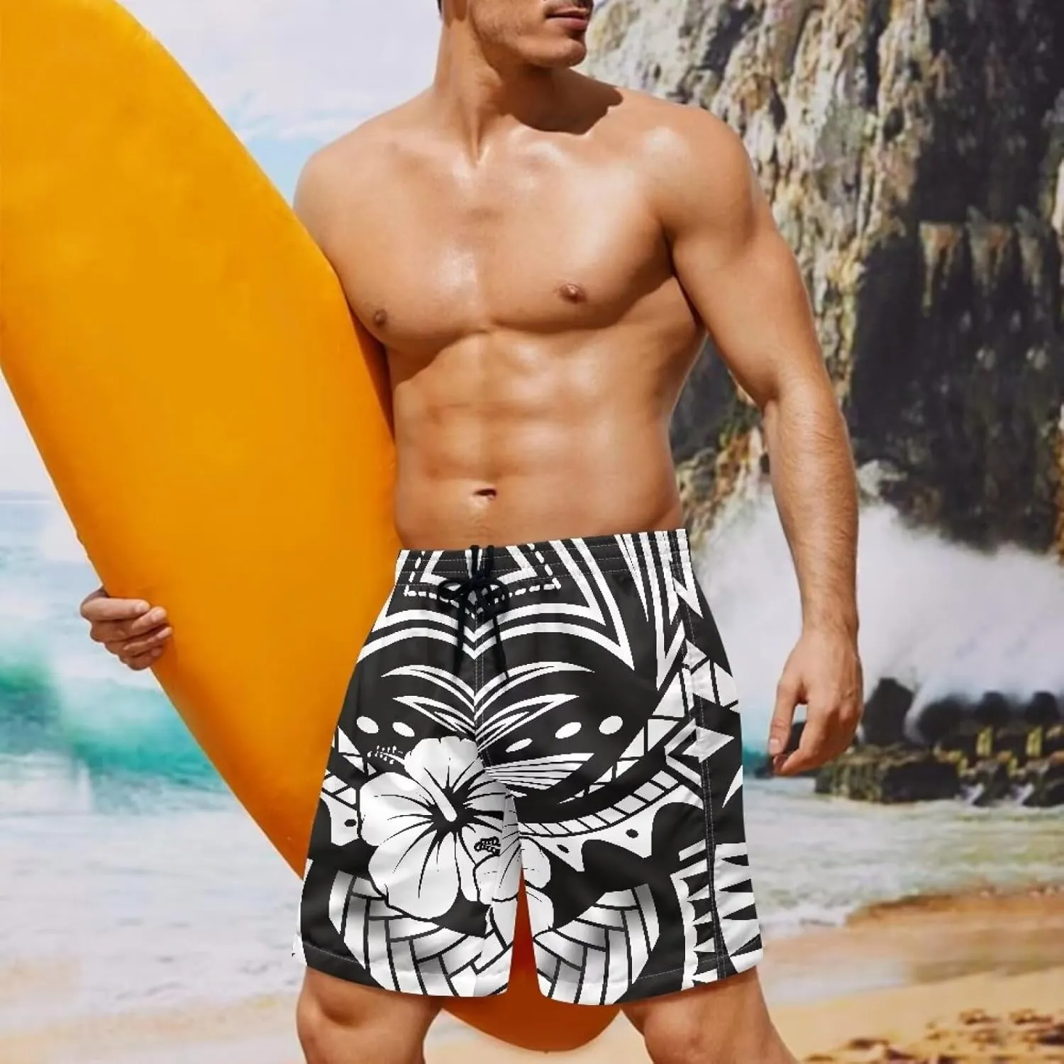 Mens Samoa Hawaii Swim Trunks Quick Dry Polynesian Tribal Tatau Swim Shorts with Mesh Lining