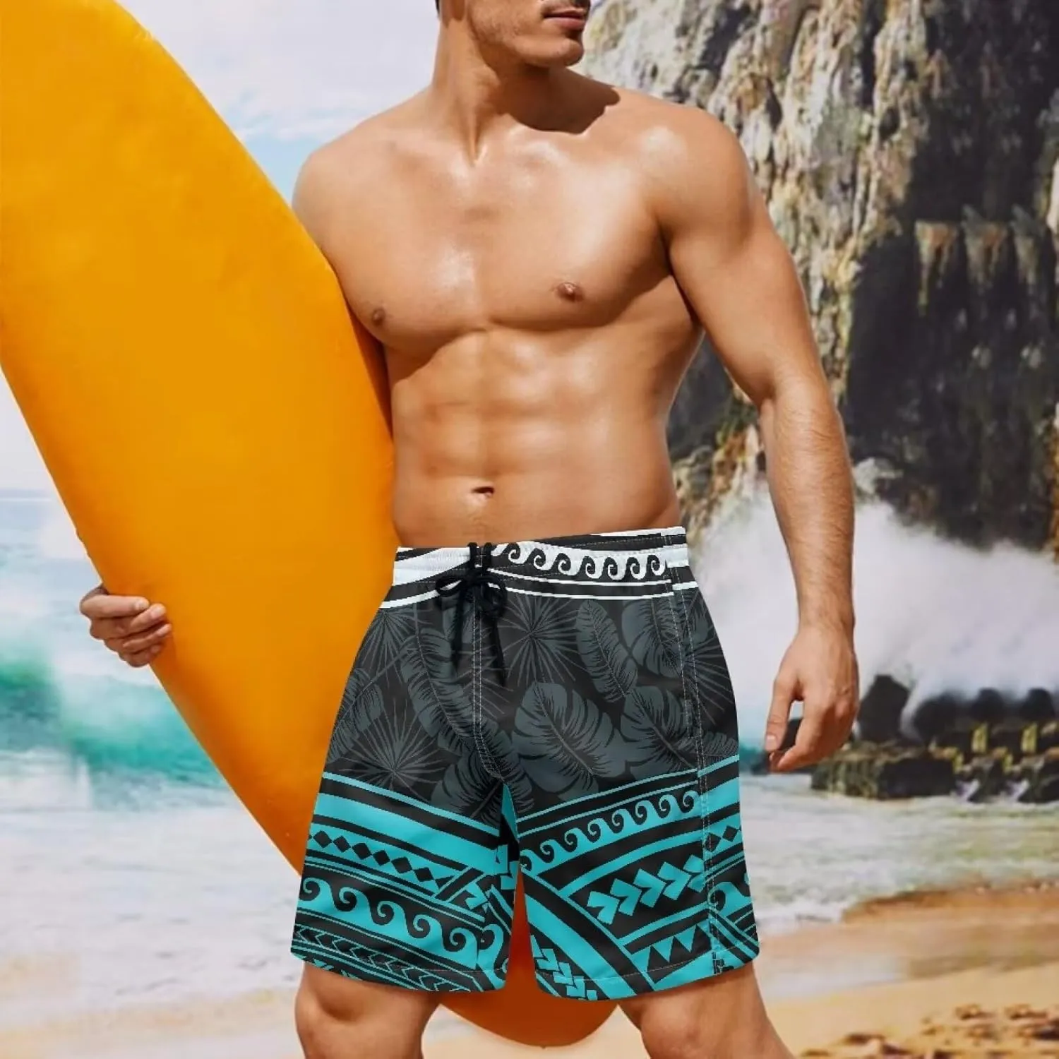 Mens Samoa Hawaii Swim Trunks Quick Dry Polynesian Tribal Tatau Swim Shorts with Mesh Lining
