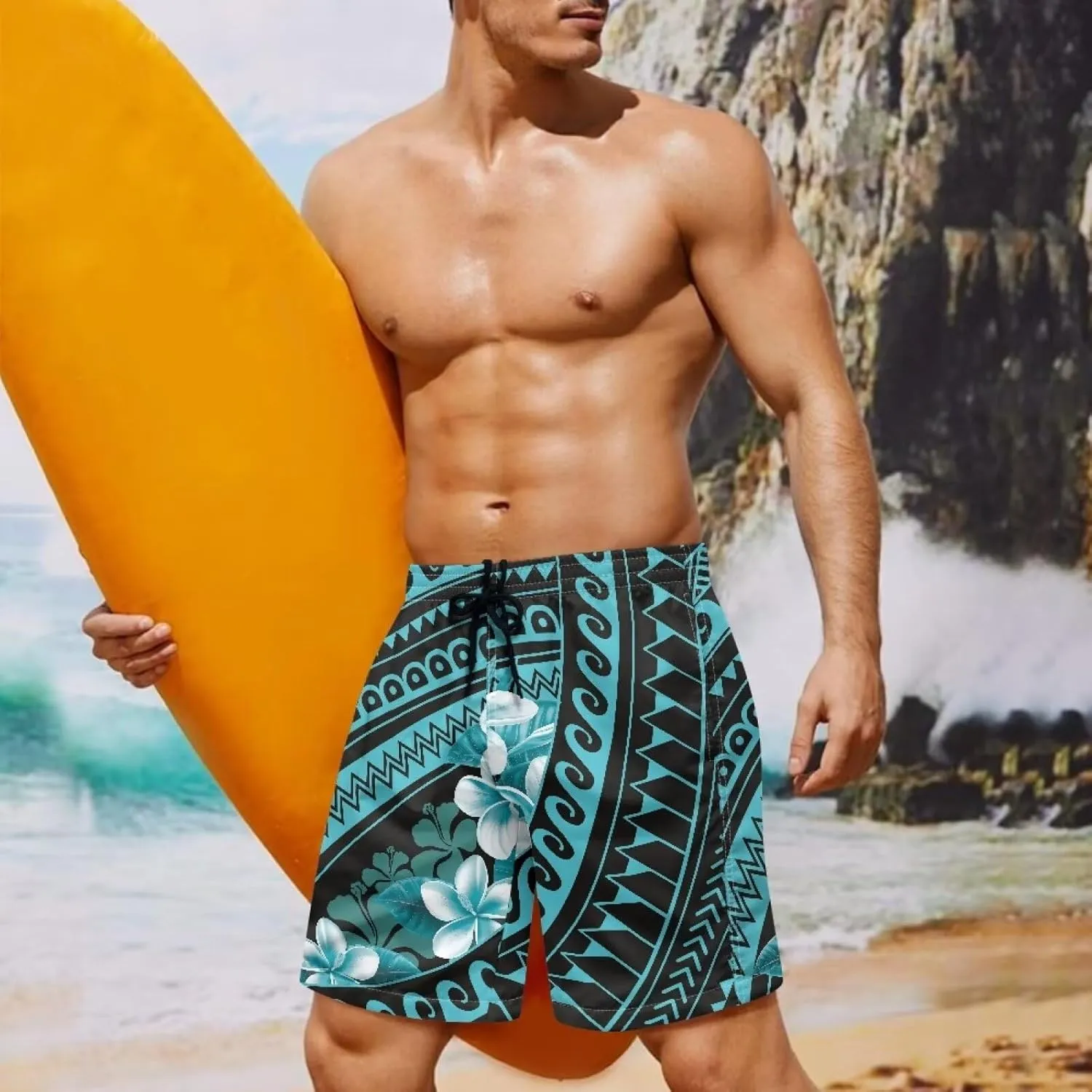 Mens Samoa Hawaii Swim Trunks Quick Dry Polynesian Tribal Tatau Swim Shorts with Mesh Lining