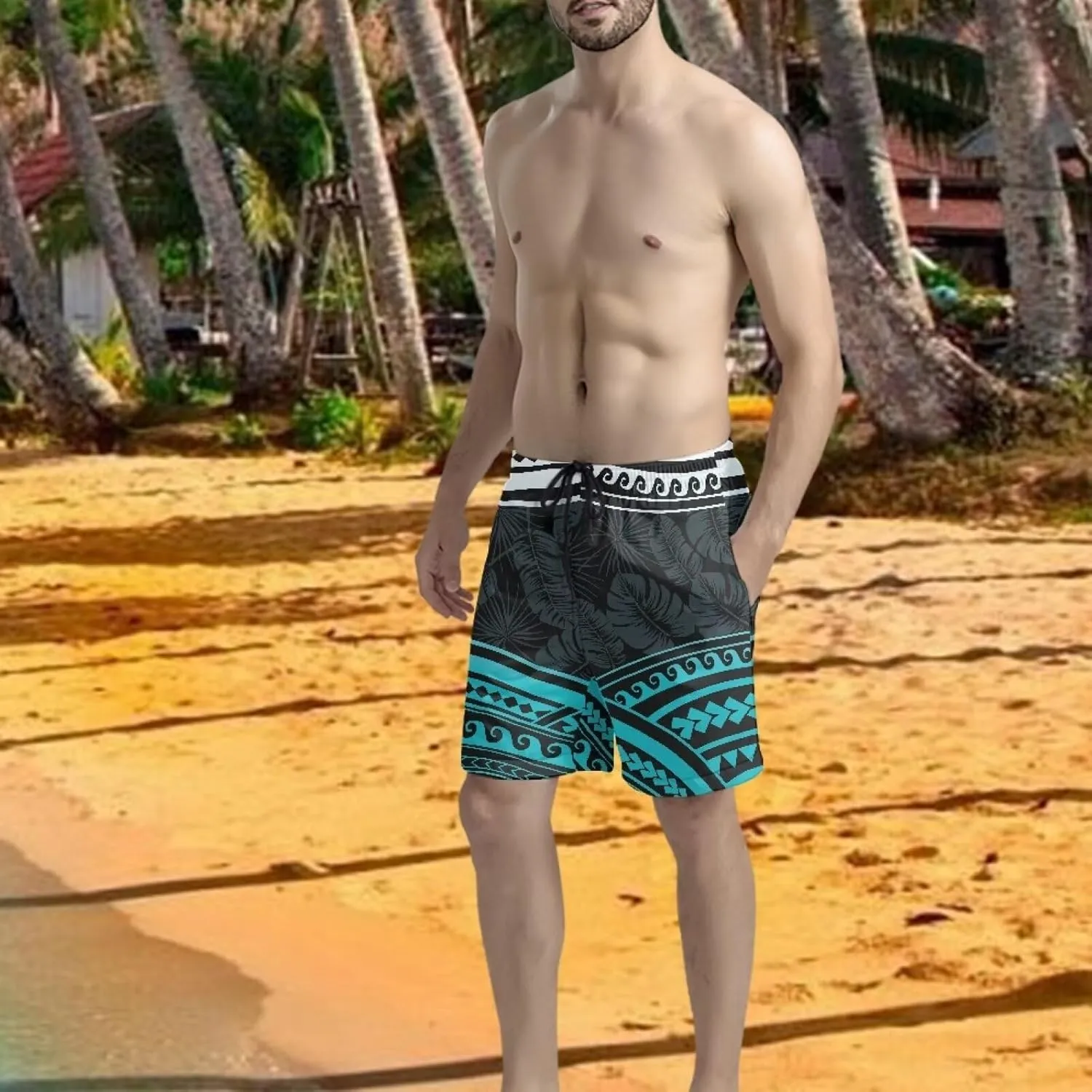 Mens Samoa Hawaii Swim Trunks Quick Dry Polynesian Tribal Tatau Swim Shorts with Mesh Lining